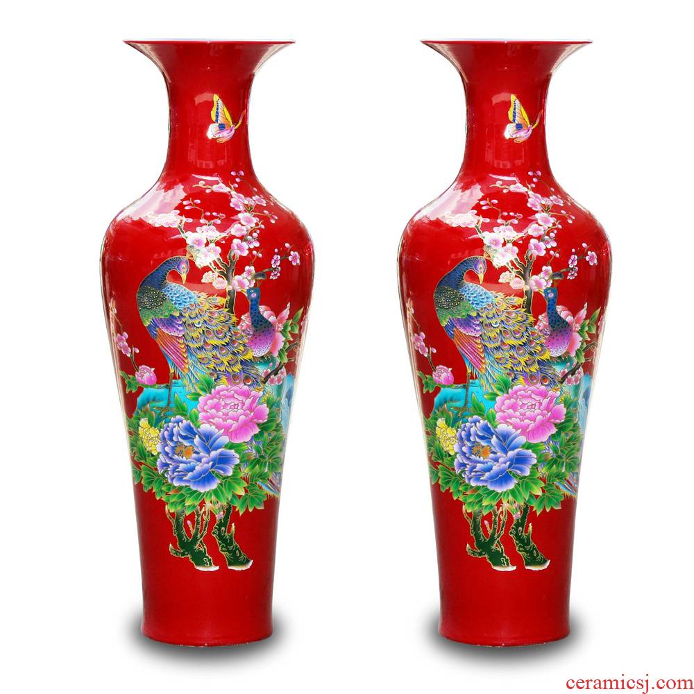 Jingdezhen ceramics China red peony riches and honour the phoenix landing big vase lobby sitting room adornment is placed