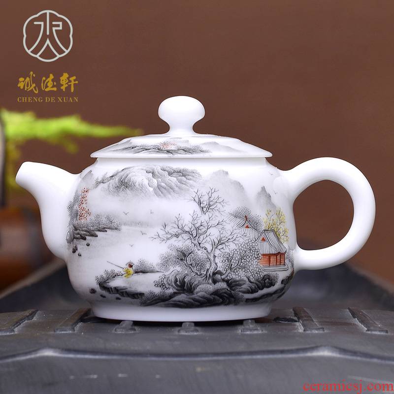 Cheng DE xuan tea custom 】 【 jingdezhen high - grade pure hand - made color ink landscape in the 14 th the teapot creek fishing