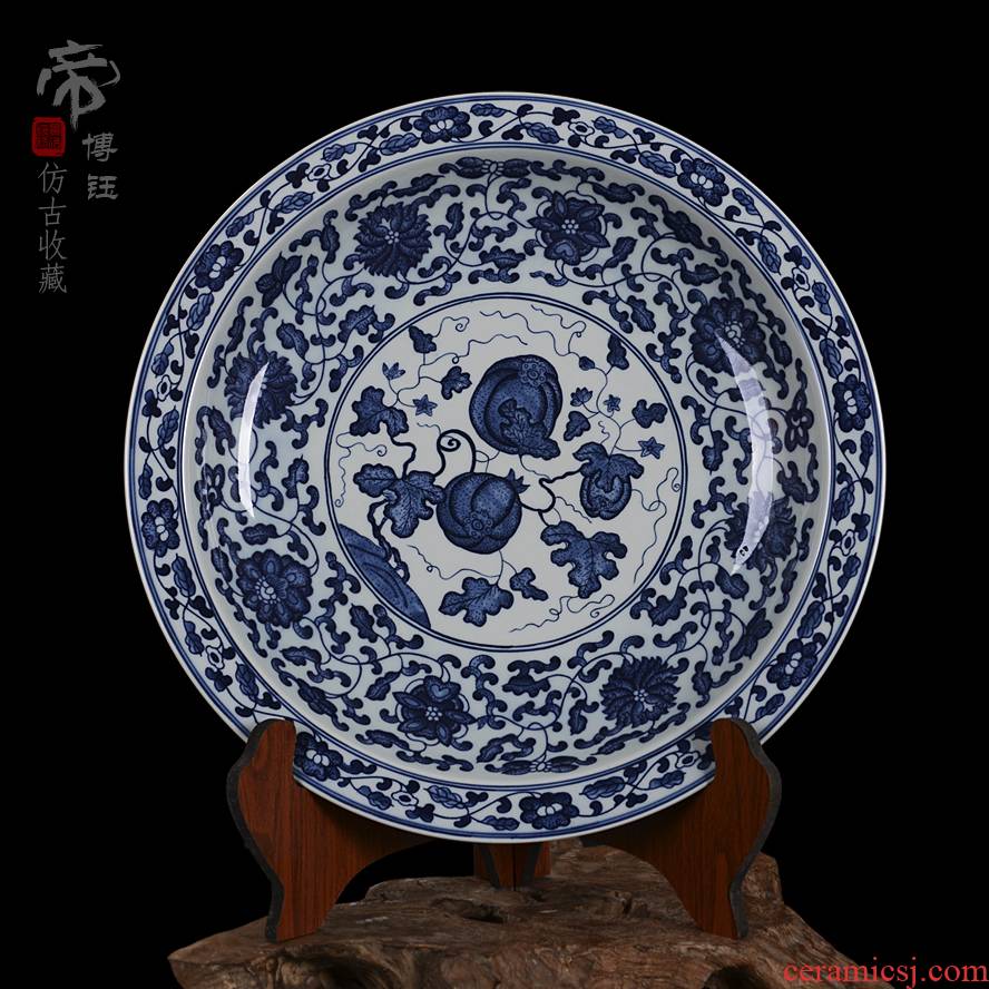 Jingdezhen ceramic decoration plate sit plate hanging dish hand - made antique blue and white lotus flower pumpkin porcelain crafts