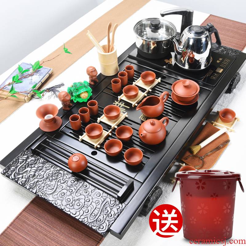 Violet arenaceous kung fu tea set of household ceramic pot of electric magnetic furnace tea sets tea taking of a complete set of solid wood tea tray automatically