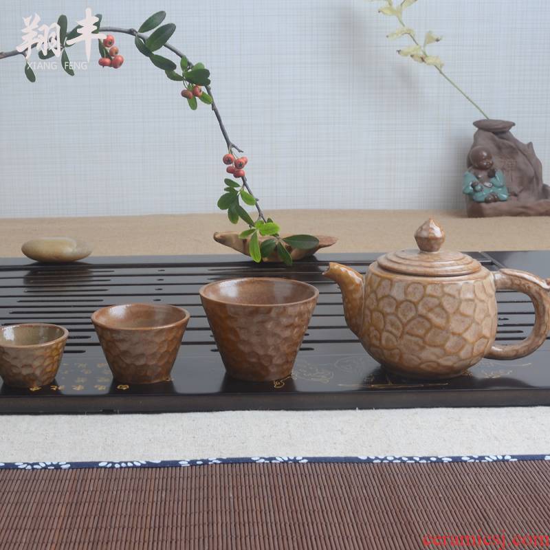 Xiang feng crack cup travel tea set suit portable retro black glaze a pot of three cups of tea cups ceramic POTS