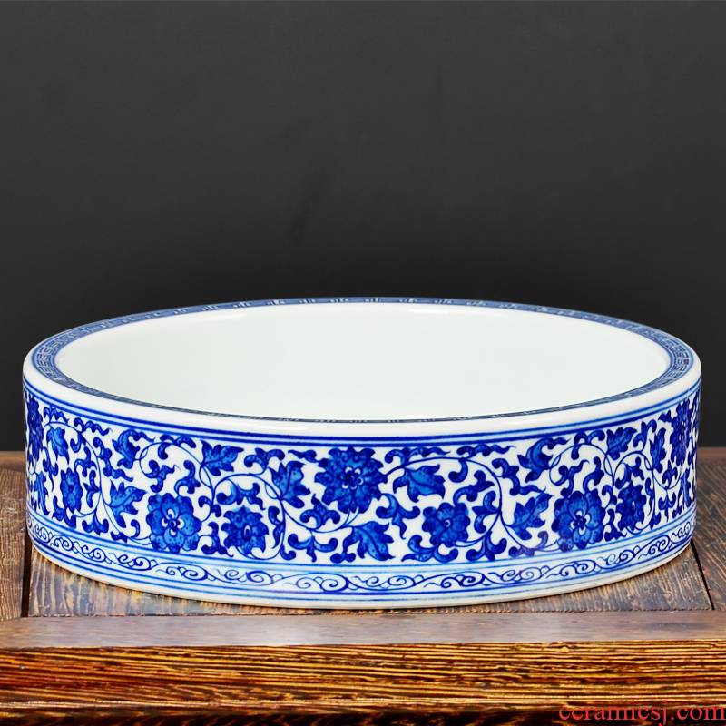 Jingdezhen ceramic antique hand - made tangle of blue and white porcelain lotus flower place Chinese desktop sitting room adornment writing brush washer water is shallow