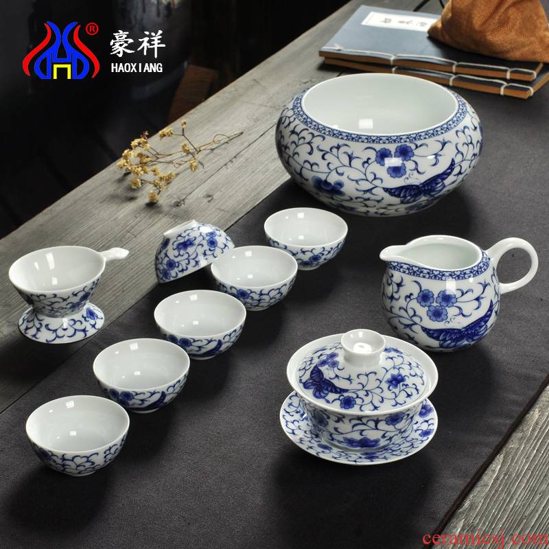 Howe auspicious money butterfly green rhyme of a complete set of kung fu tea set of blue and white porcelain teacup blue and white porcelain ceramic teapot teacup
