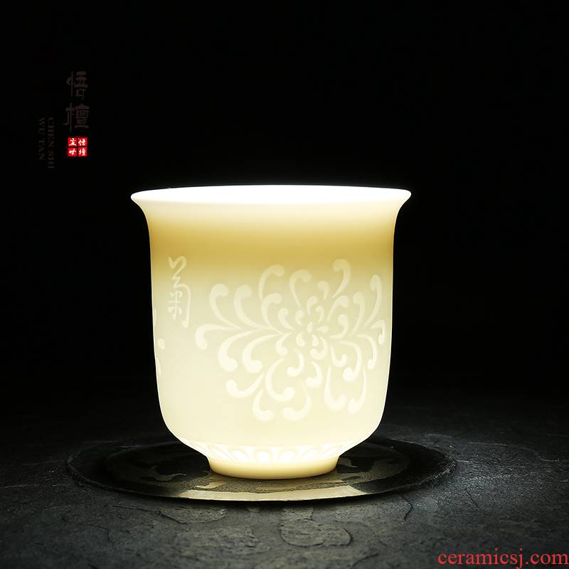 Dehua white porcelain master cup thin foetus individual cup ceramic tea set sample tea cup cup by patterns carved kung fu