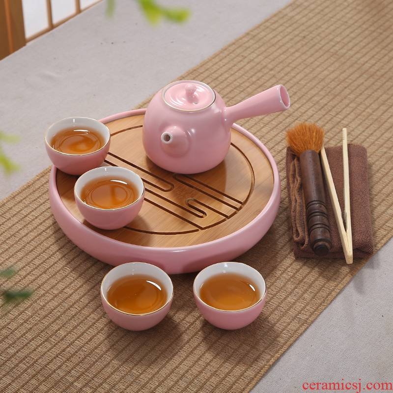 A complete set of ceramic marca color dragon tea tea set tea, A pot of tea tray was four cups of portable travel kettle