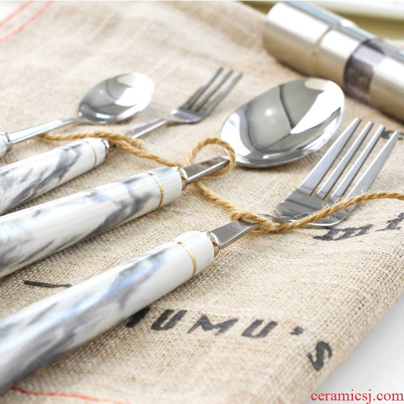 Marble texture stainless steel knife and fork spoon, western fork spoon, fruit fork coffee spoon, ceramic handle spoons