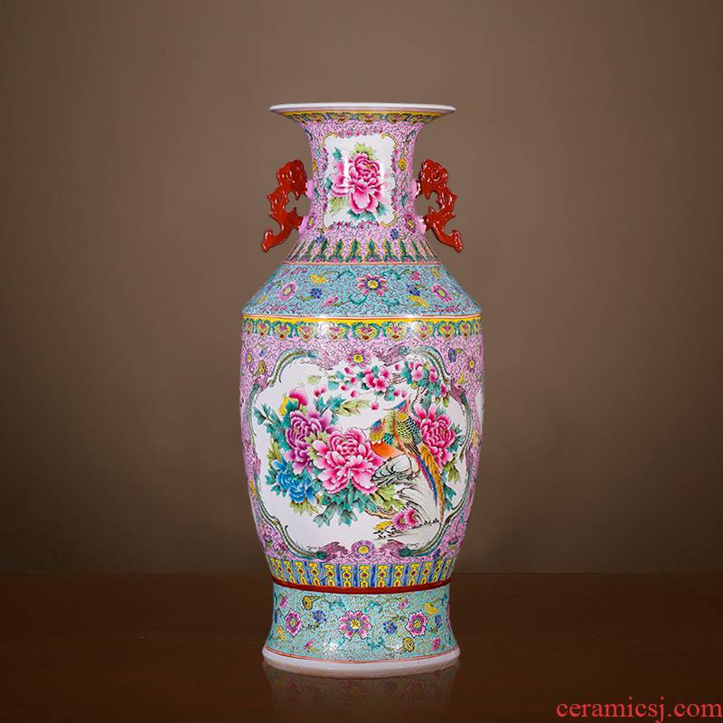 Jingdezhen ceramics antique hand - made landing peony vases, classical Chinese study adornment is placed large living room