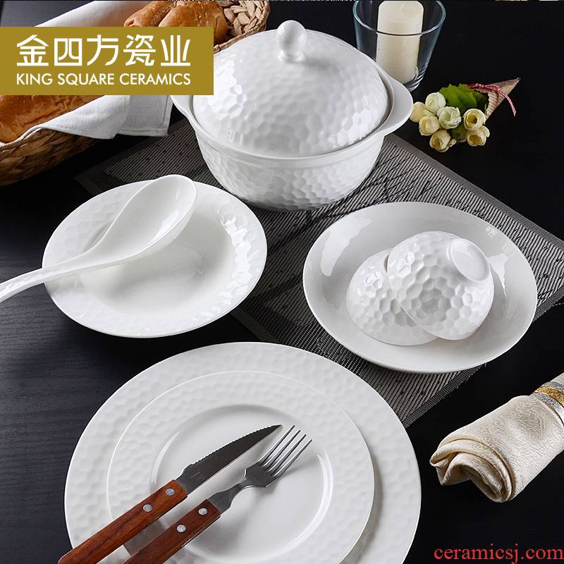 Gold square pure white ipads porcelain household golf dishes suit creative emboss bowl chopsticks dishes dishes cutlery set