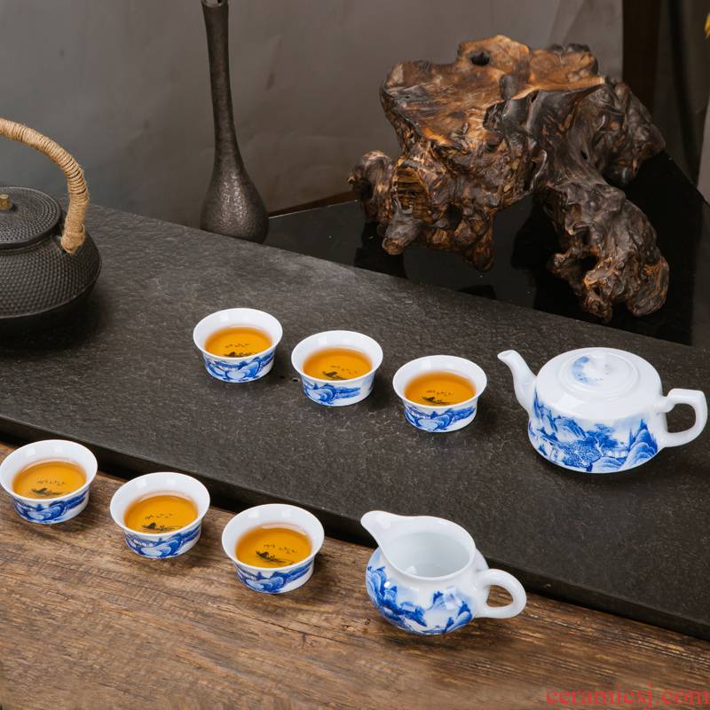Jingdezhen ceramic hand - made of blue and white porcelain tea set reasonable simple household cup teapot cup of a complete set of gift set