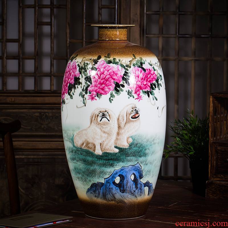 Jingdezhen ceramics powder enamel famous hand - made vases live dog home rich ancient frame sitting room adornment is placed