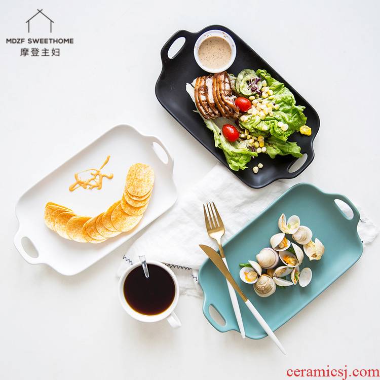 Modern household food dish hand - made housewife ears rectangle plate ceramic fruit bowl Japanese and wind plate