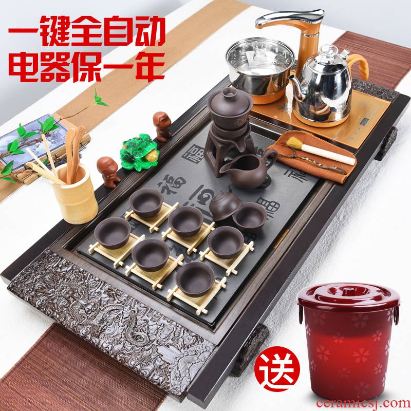 ZongTang ice crack of a complete set of ceramic tea sets kung fu tea set of household solid wood tea tray was four unity of electric heating furnace