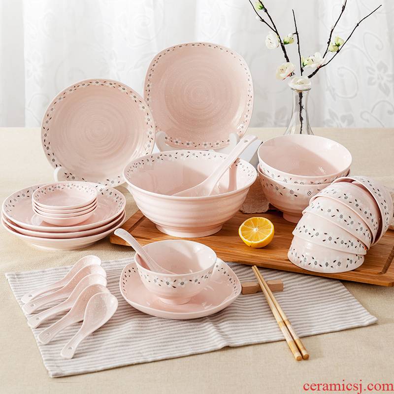 Ya cheng DE pink Japanese bowl dishes suit under the glaze color creative household ceramics tableware to use large bowl