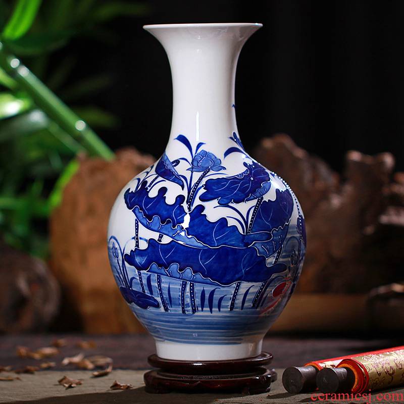 Jingdezhen ceramic vase implement green lotus carving rhyme vase modern classical home sitting room adornment handicraft furnishing articles