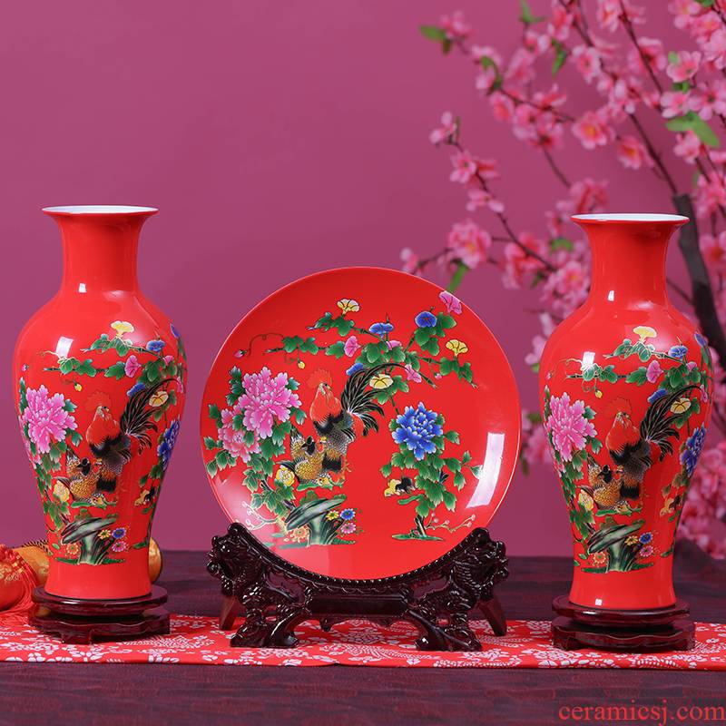 Jingdezhen ceramics China red vase furnishing articles sitting room flower arranging creative rooster home decoration of Chinese style three - piece suit