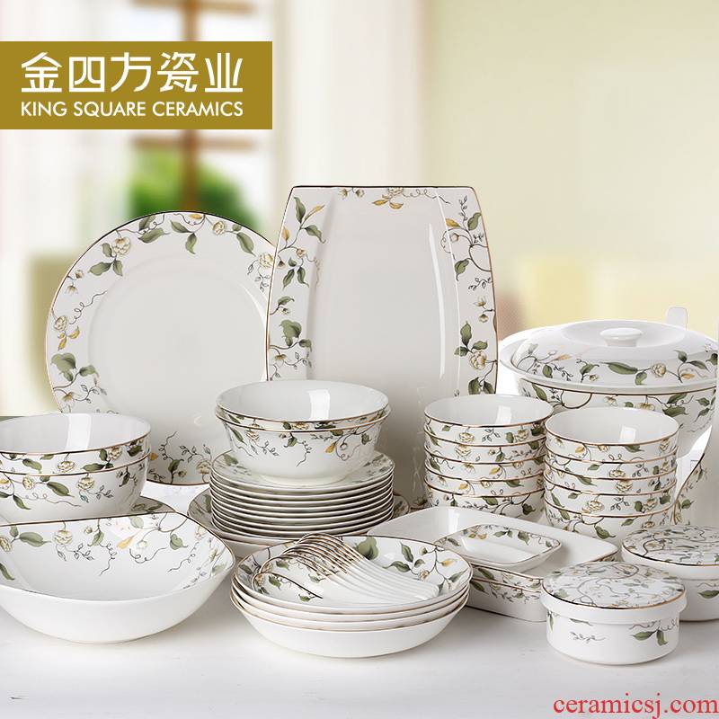 Gold square in 52 head ipads porcelain tableware wedding dishes Chinese creative ceramic bowl 22-32 head home outfit