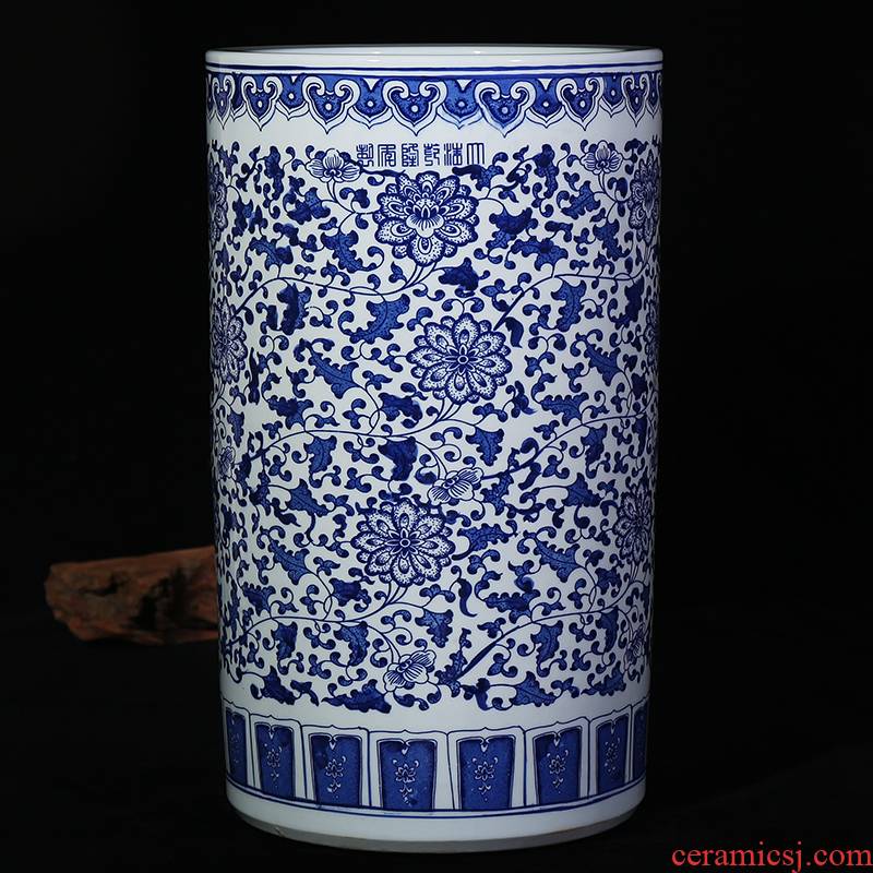 Jingdezhen ceramic vase quiver of blue and white porcelain painting and calligraphy tube branch lotus classical landscape of modern home living room furnishing articles