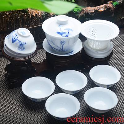 Xiang feng blue and white porcelain tea sets suit kung fu tea tureen pot of white porcelain tea set. A complete set of ceramic