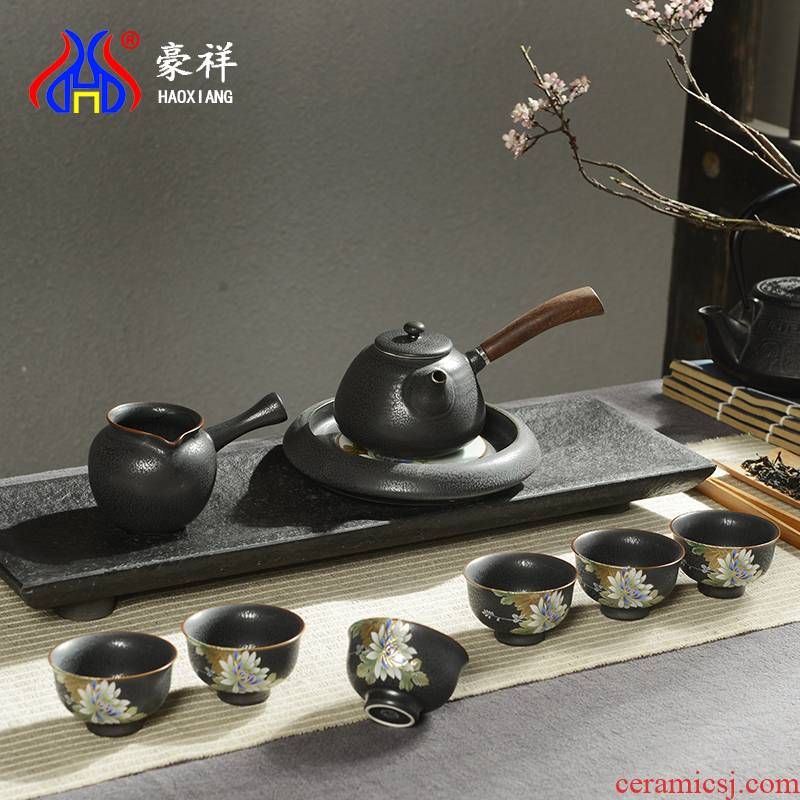 Howe cheung up crystal black glaze embossment gold elegant coagulation sweet ceramic kung fu tea set of the assembly of a complete set of coloured drawing or pattern
