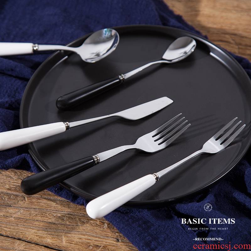 Creative knife and fork spoon, matte enrolled porcelain handle stainless steel knife and fork western dessert cake steak knife and fork spoon set