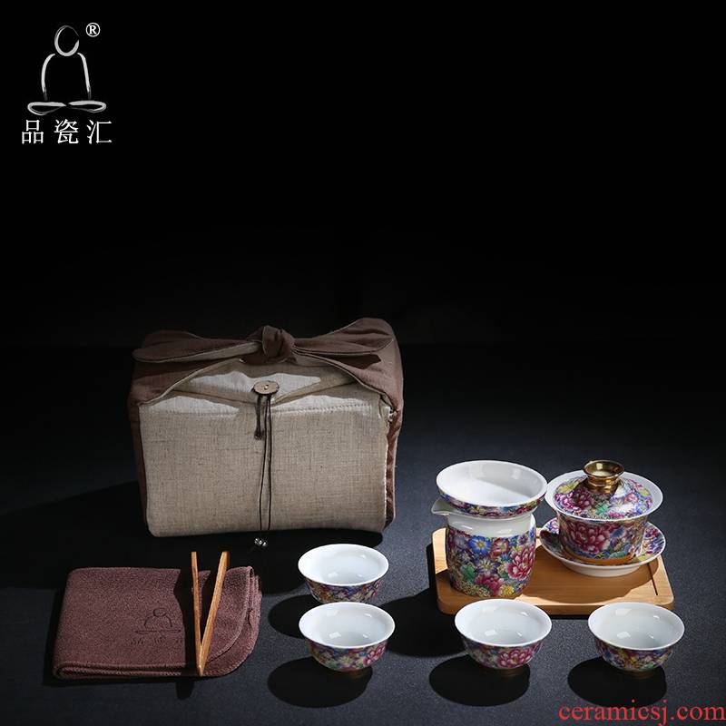 The Product of jingdezhen porcelain remit colored enamel tea sets travel carpet of portable is suing tea tea cloth