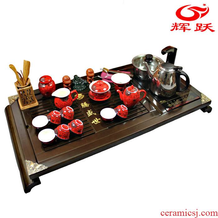 Hui make ceramics of a complete set of kung fu tea sets four unity induction cooker tea tray was red glaze LanTeng