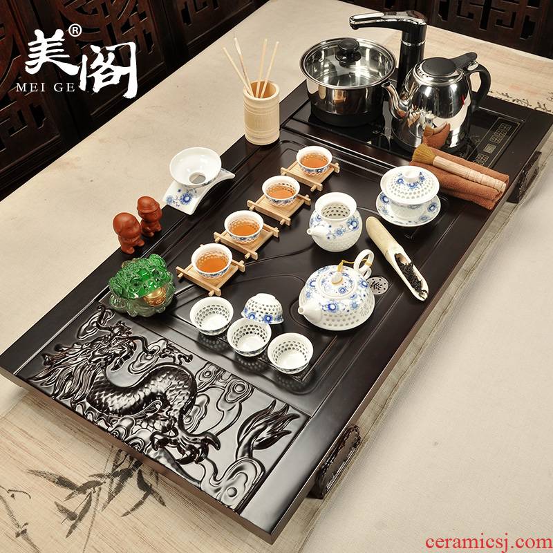 Beauty cabinet kung fu tea set four unity of household ceramic cups of tea tea sea solid wood tea panlong Chinese tea taking
