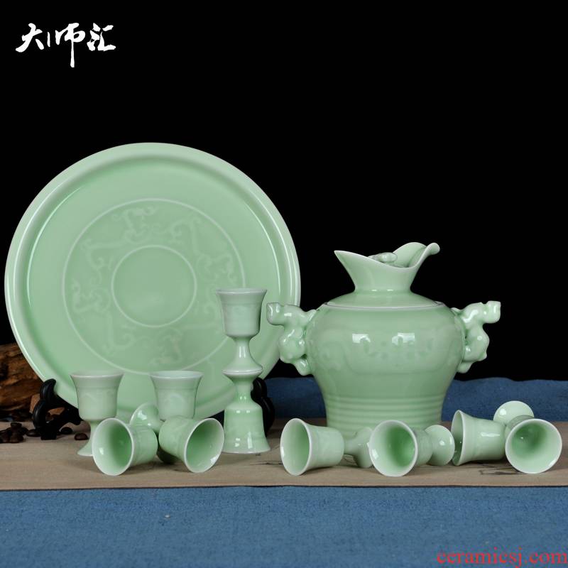Green glaze burned hip flask jingdezhen ceramic household wine jar of wine suits for antique white wine cup warm wine