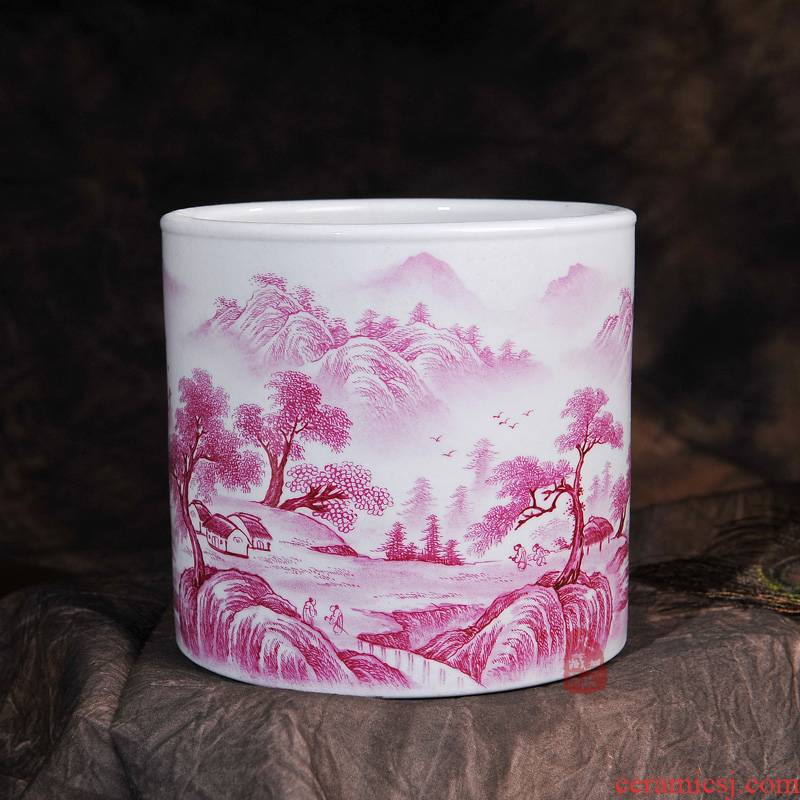 Jingdezhen ceramics archaize carmine hand - made scenery brush pot I household crafts home sitting room