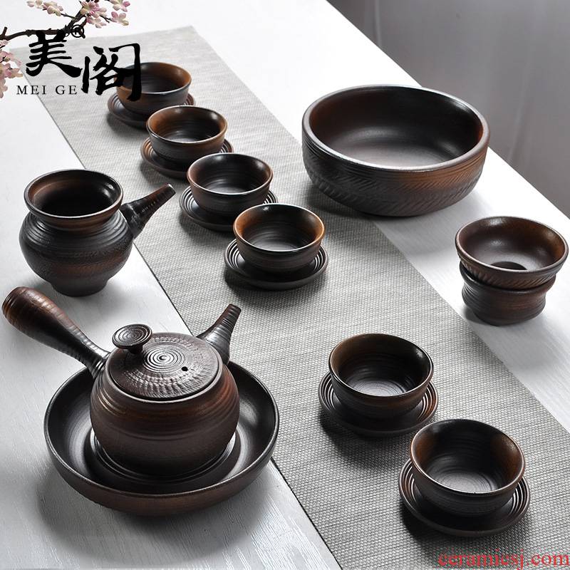 The pavilion antique manual firewood kung fu tea set household coarse pottery teapot to burn a complete set of tea cups