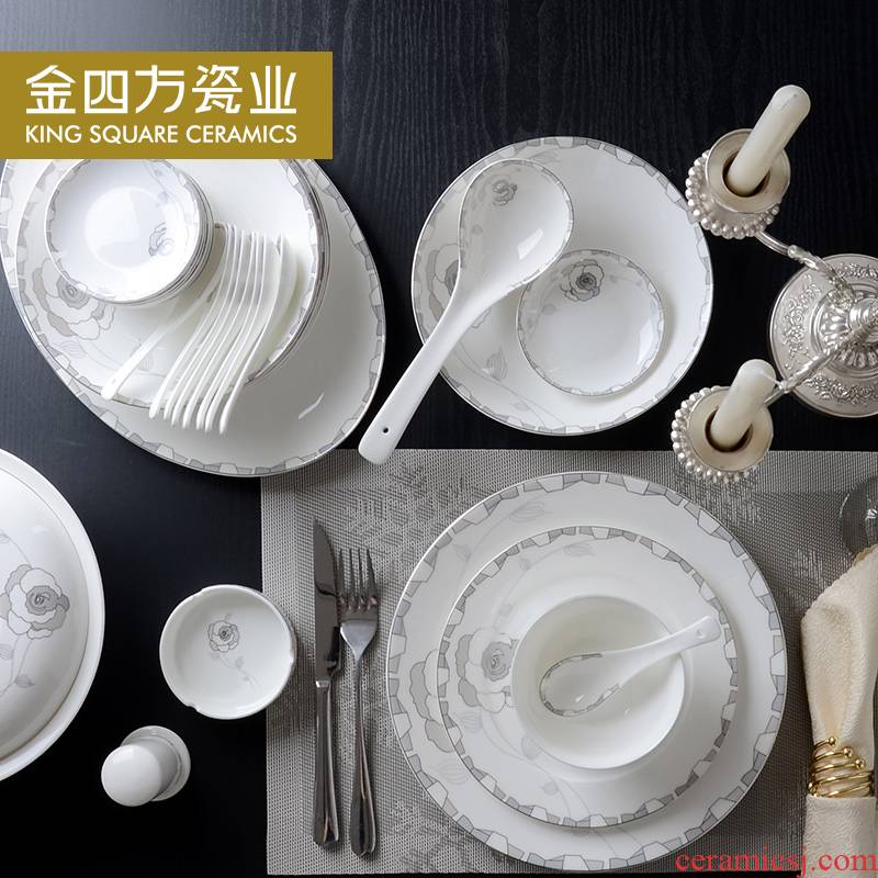 Gold square tangshan ipads China tableware suit 56 head platinum strip bowl dish dish ipads porcelain tableware suit