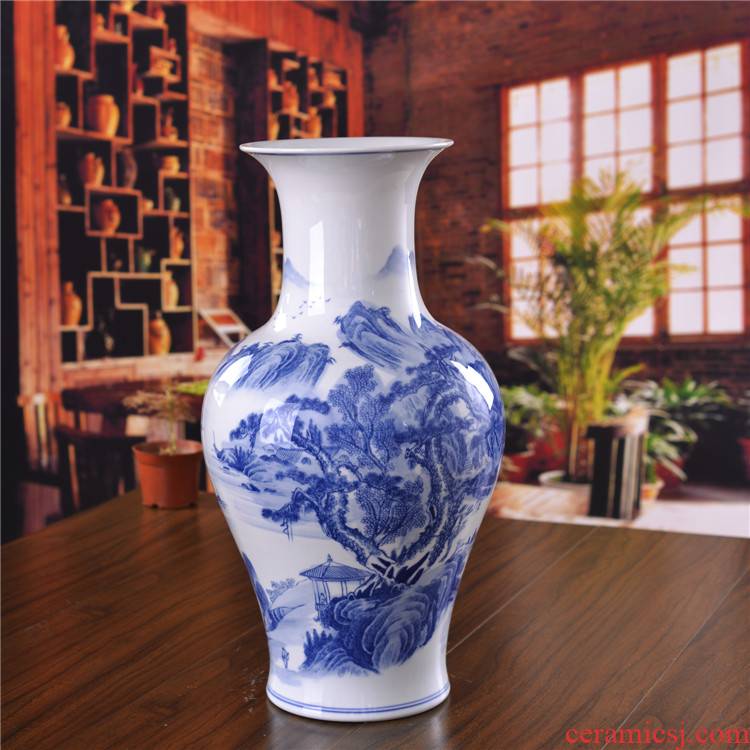 Jingdezhen ceramics landing large vases, antique landscape living room home furnishing articles of blue and white porcelain hotel decoration