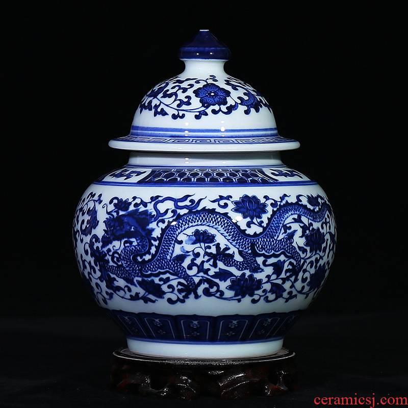 Jingdezhen blue and white dragon ceramics archaize storage tank caddy fixings seal pot candy jar home furnishing articles in the living room