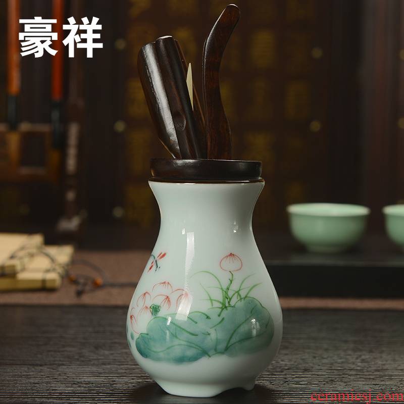 Howe auspicious taking 6 gentleman hand - made celadon ceramic tea tea ebony accessories ChaZhen ChaGa suits for