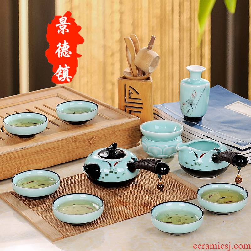 Hand - made ceramic tea set jingdezhen kung fu tea set celadon tea home office of a complete set of gift set tea service