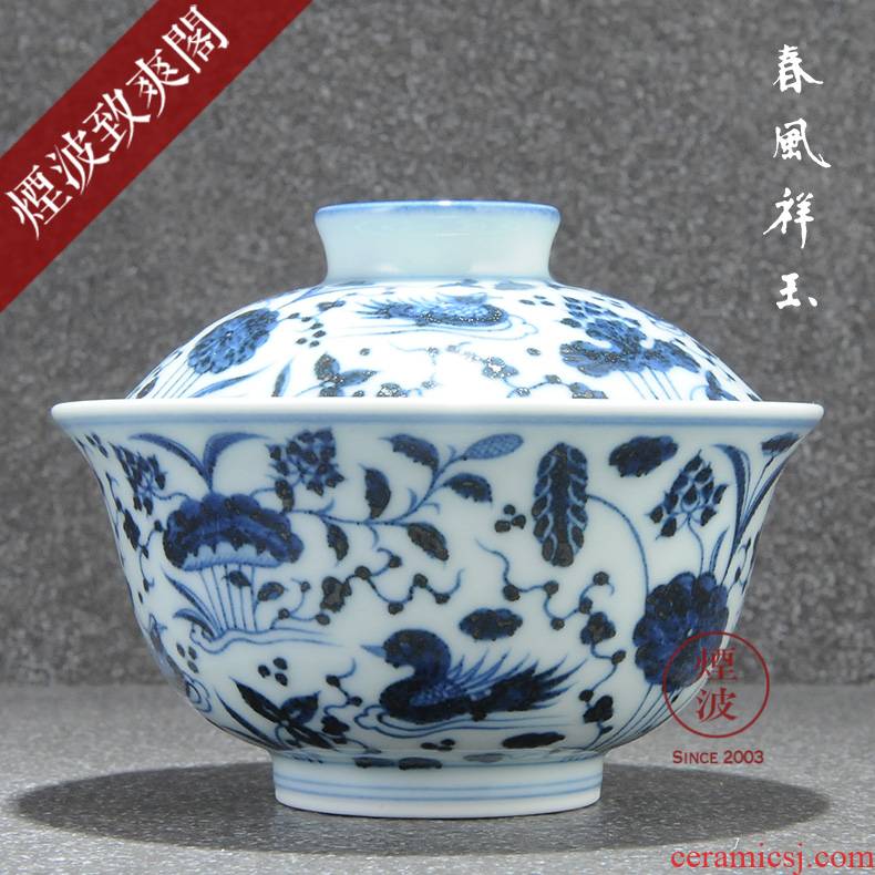 Those jingdezhen spring auspicious jade Zou Jun blue and white porcelain up system with hand - made fish grain tureen