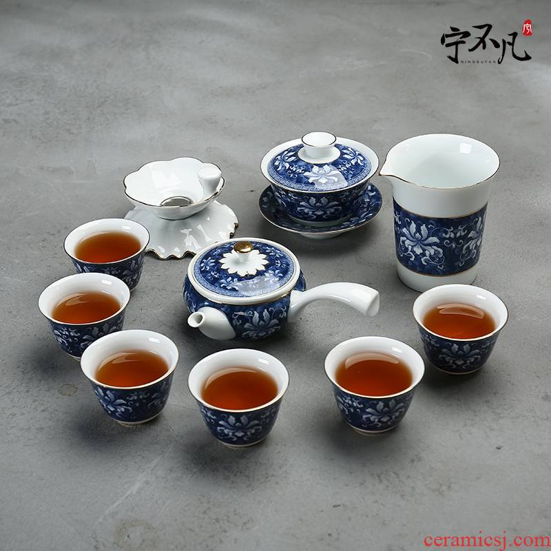 Ning uncommon kung fu tea set of blue and white porcelain ceramic lid bowl tea cups filter the icing on the cake all groups