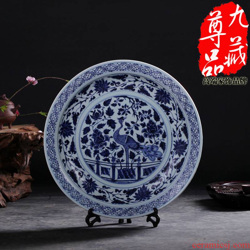 Yuan blue and white peacock jingdezhen ceramics grain hang dish household adornment handicraft furnishing articles sitting room decoration plate