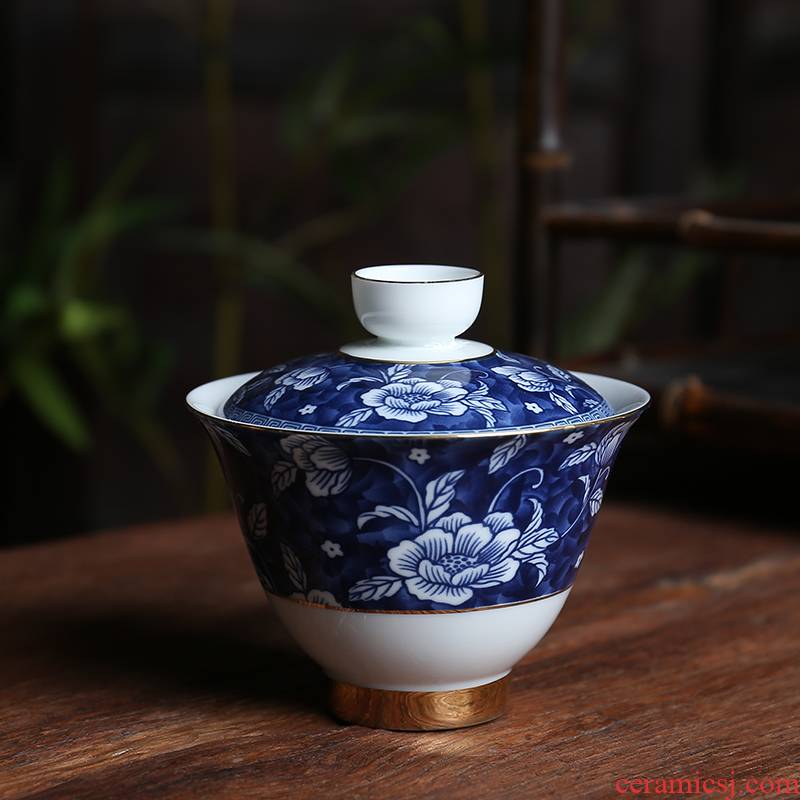 Vintage blue and white porcelain kung fu tea tureen thin foetus manual three cups of blue and white porcelain bowl