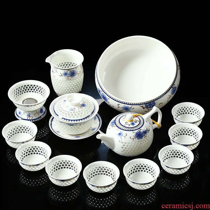 Friend is hollow out blue sea teacups hand - made ceramic teapot tea custom and exquisite tea sets of a complete set of kung fu