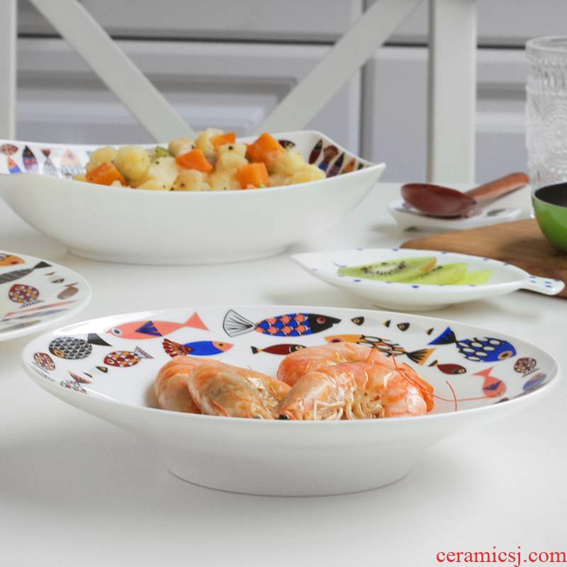 The Blue fish Japanese creative household ipads porcelain tableware eight inches deep dish soup dish dish FanPan breakfast tray ceramic plates