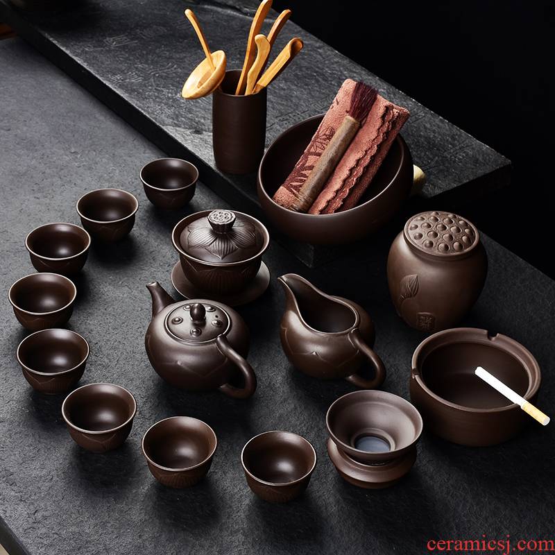 Yixing purple sand kung fu tea set suit household undressed ore purple clay teapot teacup tea tureen device of a complete set of gift