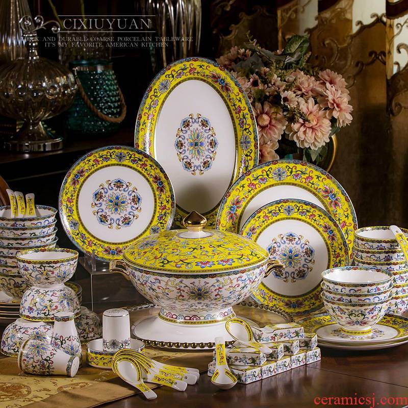 Tangshan ipads porcelain tableware suit household of Chinese style ceramic bowl plate combination colored enamel dishes I housewarming gift