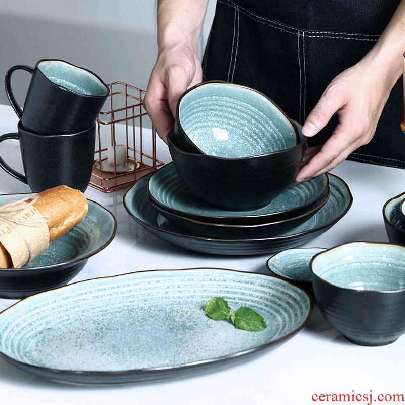 Japanese ceramic bowl retro household jobs new irregular plates creative snack plate large fish dish