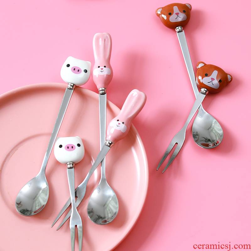 Creative lovely fruit fork spoon, children cartoon ceramic handle stainless steel small dessert spoon stir coffee spoon, run out