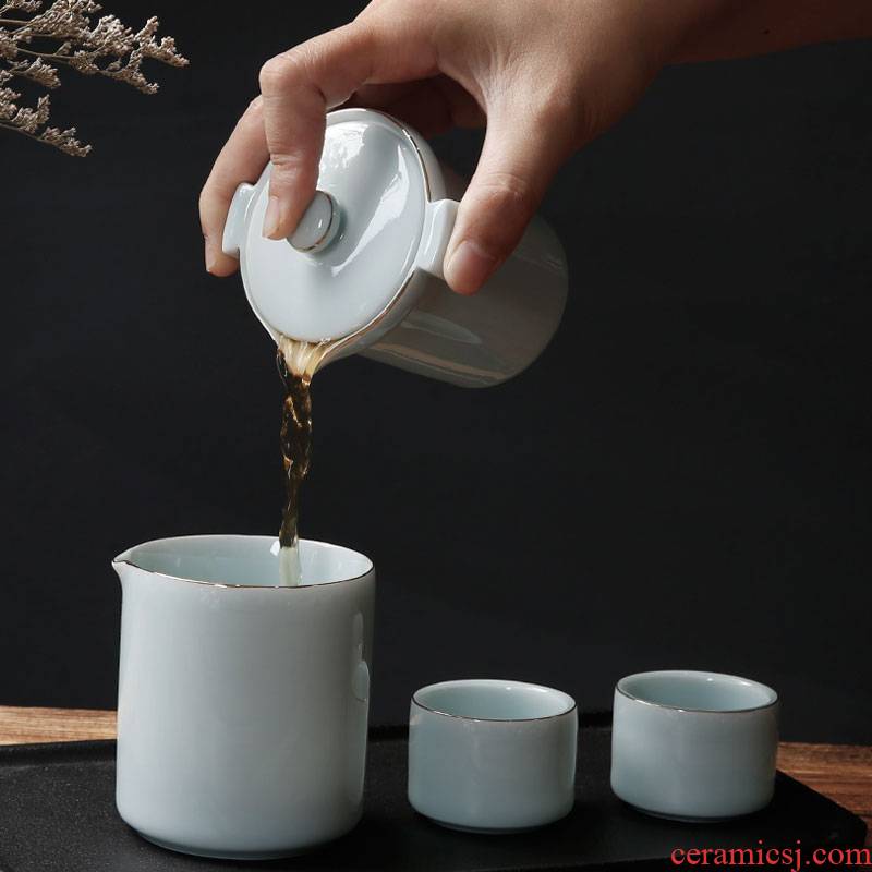 Porcelain heng tong crack cup a pot of two cup travel portable household ceramic teapot teacup kung fu tea set