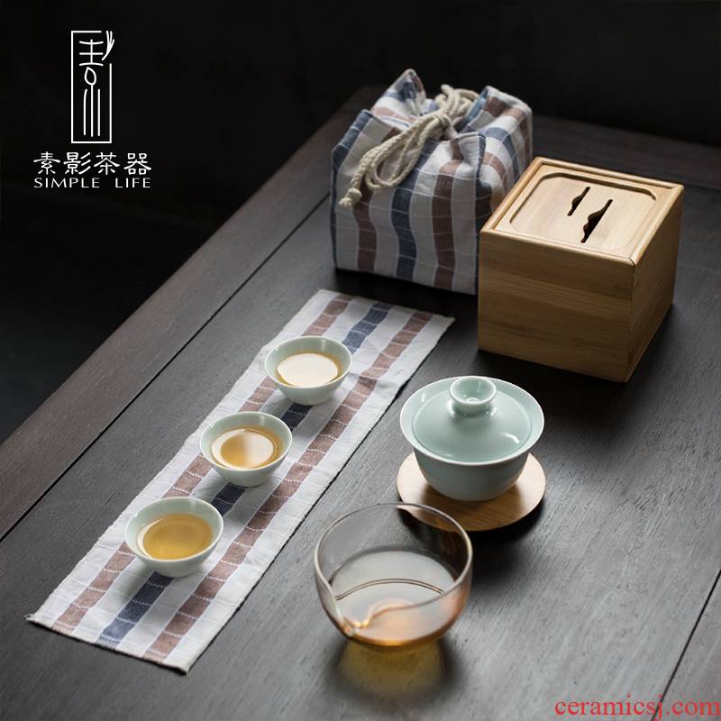 Plain film celadon crack travel tea set a pot of three is suing portable bamboo box bag to receive a tureen