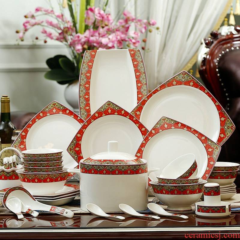 Tangshan ipads porcelain tableware dishes suit household ceramic dishes to eat bowl chopsticks national wind continental plate combination