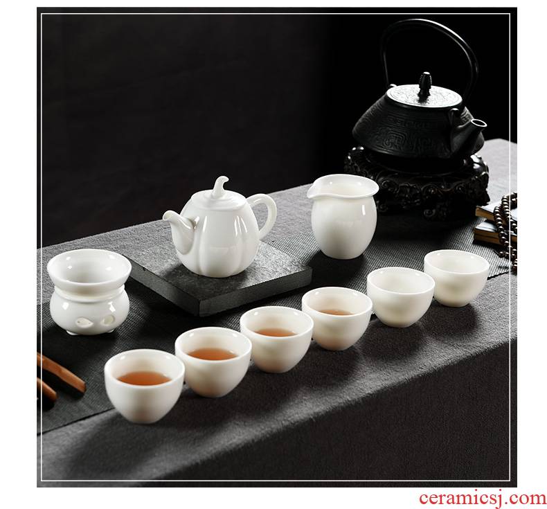 Howe auspicious dehua white porcelain suet jade porcelain kung fu tea set household contracted tea teapot teacup tureen the whole