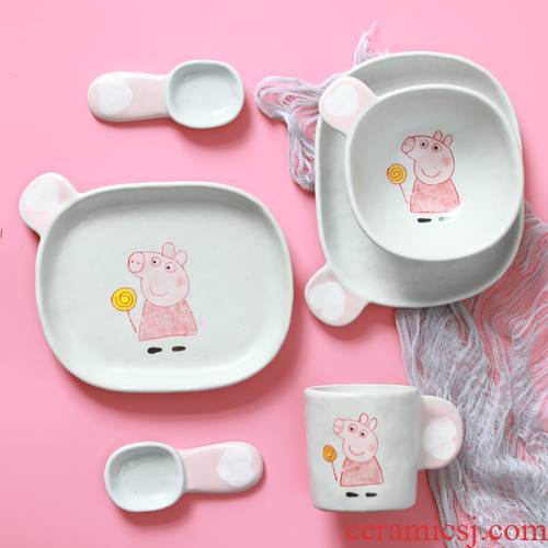 Jingdezhen Japanese coarse pottery children express baby bowl dishes four - piece hand - made page children dinner plates